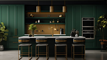 Gold and dark green kitchen. Minimalism. Used to Interior Stores, Design Websites and Blogs, Social Media, Advertising Brochures and Catalogsの素材