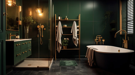 Modern bathroom. Minimalism. Gold and dark green colors. Used to Interior Stores, Design Websites and Blogs, Social Media, Advertising Brochures and Catalogsの素材