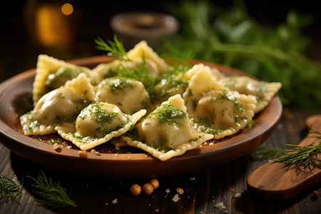 Close-up of handmade ravioli. Sprinkling of fresh herbs and a drizzle of olive oil on a wooden cutting boardの素材