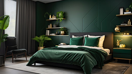 Bedroom, gold and dark green colors. Minimalism. Used to Interior Stores, Design Websites and Blogs, Social Media, Advertising Brochures and Catalogsの素材