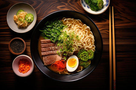 Bowl of traditional Japanese ramen, featuring rich broth, noodles, and assorted toppings, wooden table setting with chopsticks, a spoon, and a side dish of pickled gingerの素材