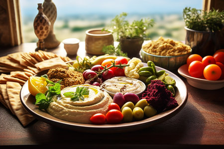 Overhead view of mezze platter of hummus and pita bread surrounded by fresh tomatoes, olives, and vegan tzatziki dip over a white rustic table.の素材