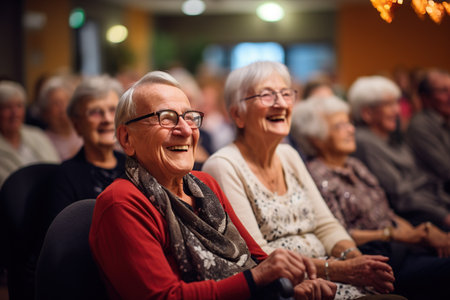 Elderly people at an evening concert in a nursing home, sitting in chairs and listening to music, a mood of joyの素材