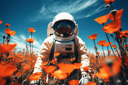 astronaut in alpine meadows, in a field of poppies. Cosmos artの素材