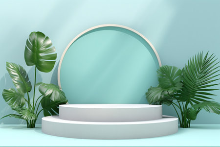 3D podium scene with palm and monstera leaves isolated on blue background. 3d illustration backgroundの素材