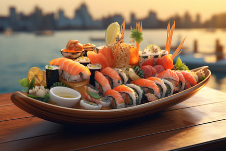 Set of a sushi boat with an assortment of sushi and sashimi, highlighting the artistry of sushi presentation. Japanese foodの素材