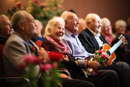 Elderly people at an evening concert in a nursing home, sitting in chairs and listening to music, a mood of joyの素材