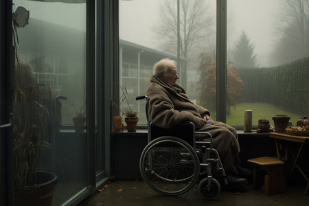 A man in a wheelchair sits against the window, lonely, cityの素材