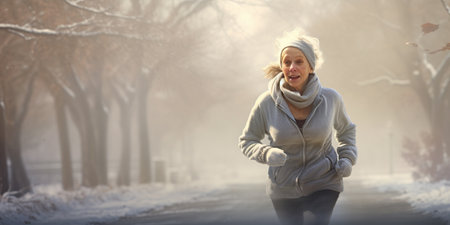 Senior woman going for a run. Woman runs in the winter. High quality photoの素材