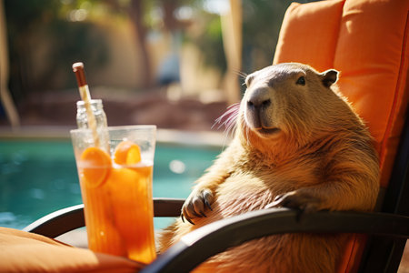 Capybara lying on a lounge chair by the pool, with orange juice. Cute animalの素材