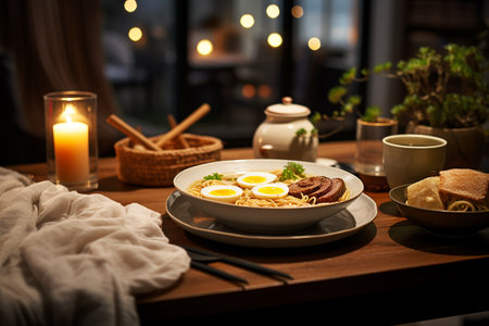 Cozy ramen night at home, featuring a bowl of homemade ramen on a coffee table with cozy decor, warm lighting, comfortable seatingの素材