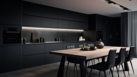 Black monochrome kitchen. Minimalism. Used to Interior Stores, Design Websites and Blogs, Social Media, Advertising Brochures and Catalogsの素材