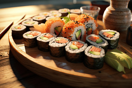 Set of sushi roll on a bamboo mat, highlighting the artistry of sushi presentation. Japanese foodの素材