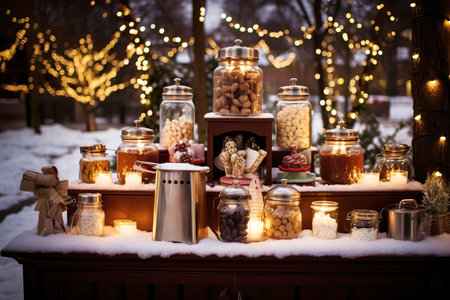 Intimate capture of a gourmet hot chocolate station, complete with a variety of premium chocolates, flavored syrups, and artisan marshmallows, Cozy winter mugsの素材