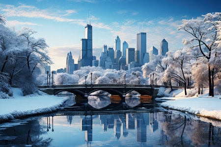 Panoramic view of a winter Chicago city skyline, urban winter wonderland, Snow-covered trees in city parksの素材