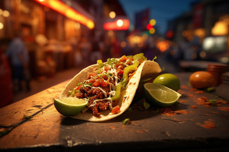 Close-up shot of a street-style taco with grilled meat, fresh salsa, and vibrant toppings. Mexican foodの素材