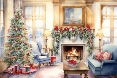 Watercolor illustration of Christmas interior of living room with fireplace, sofa, pillows, Christmas tree and decor. Christmas interiorの素材