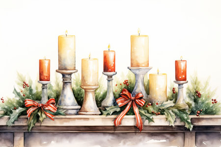 Watercolor composition with candles, fir branches, red tapes. Hand drawn illustration, cozy decorations for Christmas and New Yearの素材