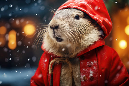 Capybara dressed as Santa Claus walks through a snowy city, the mood of Christmasの素材