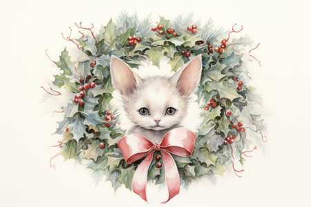 Charming watercolor illustration with cat of a vintage Christmas wreath with muted, pastel-colored ornaments, set against a background of softly painted holly leaves and berriesの素材