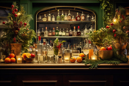 Christmas cocktail bar, gourmet holiday drinks, adorned with fresh herbs, edible flowers, and artisanal garnishes, Festive glassware, specialty liqueursの素材