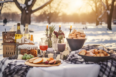 Christmas dinner outdoors, featuring a gourmet picnic spread with dishes like smoked salmon, champagne infused salads, and artisanal bread, Festive blankets, holiday-themed picnic decorの素材