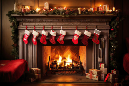 Fireplace decorated with vintage style Christmas red stockings, retro garlands, Vintage fireplace with crackling fire, portraying a charming and timeless holiday settingの素材