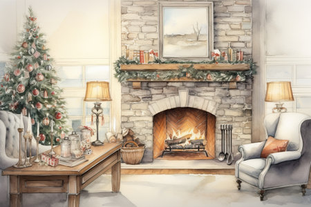 Watercolor illustration of Christmas interior of living room with fireplace, sofa, pillows, Christmas tree and decor. Christmas interiorの素材