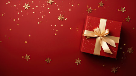 Christmas decorations on red background with stars, top view with space for text. Winter seasonの素材