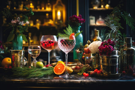 Christmas cocktail bar, gourmet holiday drinks, Festive glassware, specialty liqueursの素材
