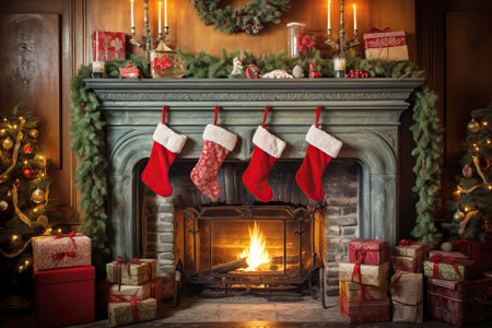 Fireplace decorated with vintage style Christmas red stockings, retro garlands, Vintage fireplace with crackling fire, portraying a charming and timeless holiday settingの素材