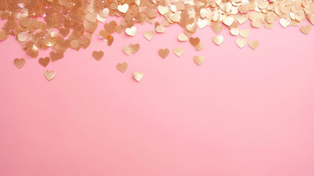 Golden confetti and pink hearts on a pink background, copy space. Background of Valentines day concept. Valentine's Day Cardの素材