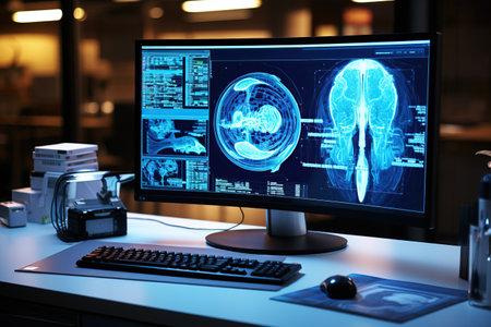 Computer screen displaying a 3D reconstruction of a CT scan, radiology workstation. CT Scan room.の素材
