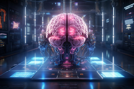 Human brain. Brain scans, integrating technology into neuroscience. Neonの素材