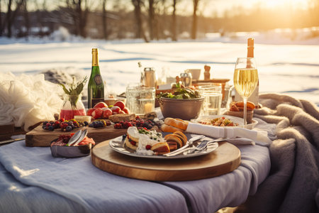 Christmas dinner outdoors, featuring a gourmet picnic spread with dishes like smoked salmon, champagne infused salads, and artisanal bread, Festive blankets, holiday-themed picnic decorの素材