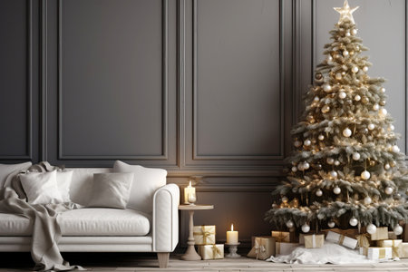 Christmas empty interior with garlanded fir tree, gray wall. Christmas backgroundの素材