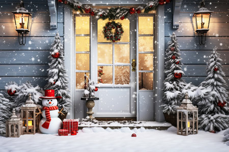 Cute and cozy house with Christmas decorations, snowman on the porch, Christmas wreath on the door, night illumination, snowyの素材