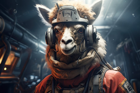 Lama portrait in a Astronaut's Helmet and costume. Cute lamaの素材