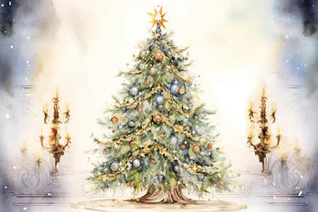 Watercolor illustration of a vintage Christmas tree, draped in vintage style garlands, softly illuminated by fairy lights, ethereal, dreamlike backgroundの素材