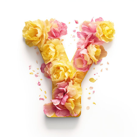 Creative letter Y concept made of fresh yellow and pink peony. Flower font conceptの素材