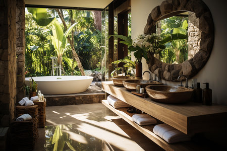 Bathroom designed for water consciousness, mirrors with frames crafted from recycled materials, sustainable design, natural elements stone and woodの素材