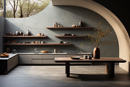 Kitchen with smooth surfaces and minimal open shelving, promoting a sleek and clutter-free environment. Modern and simple forms for kitchen utensils, contributing to the overall contemporary designの素材