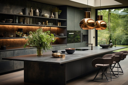 Kitchen with smooth surfaces and minimal open shelving, promoting a sleek and clutter-free environment. Modern and simple forms for kitchen utensils, contributing to the overall contemporary designの素材