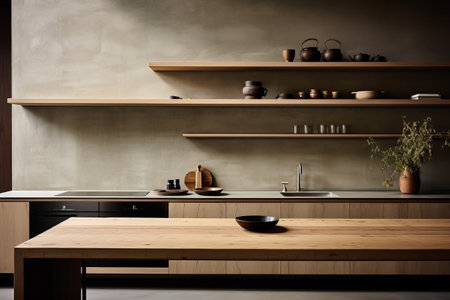 Kitchen with smooth surfaces and minimal open shelving, promoting a sleek and clutter-free environment. Modern and simple forms for kitchen utensils, contributing to the overall contemporary designの素材