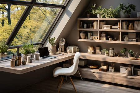 Office featuring a spacious desk with minimal decor, neutral color palette with bright accent hues to add liveliness and energy to the office, creating a balanced and inspiring atmosphereの素材