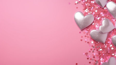 Silver confetti and pink hearts on a pink background, copy space. Background of Valentines day concept. Valentine's Day Cardの素材