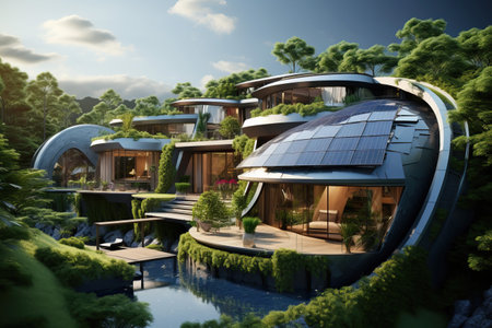 Home ecological architecture aesthetic with solar panels on its roof. Concept of innovative eco-living with state-of-the-art architectural featuresの素材