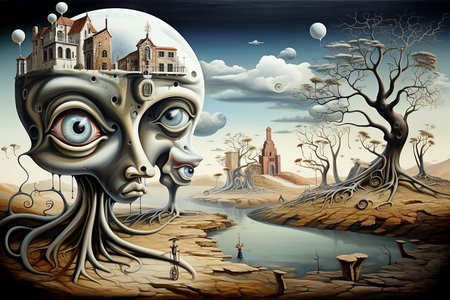 Imaginative mindscape, where thoughts and emotions manifest as surreal landscapes, inner worldの素材