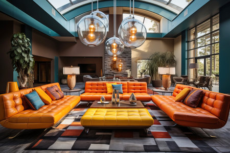 Living room vintage charm, antique furniture and decor elements, bright colors and bold geometric patterns,retro designの素材