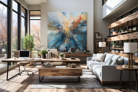 Workspace featuring a spacious, ergonomic desk adorned with minimal decorations to promote a focused and efficient work atmosphere. Ergonomic furniture design with clean linesの素材